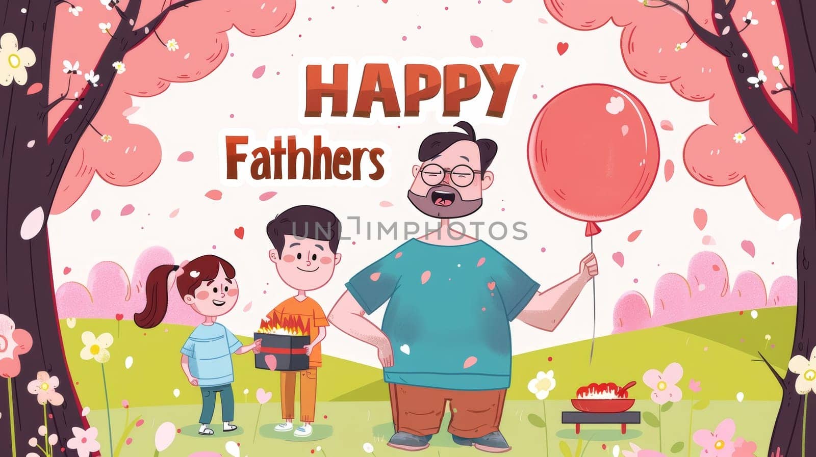 An animated image of a joyful father with two kids, holding a balloon and a cake, celebrating Fathers Day outdoors with pink blossoms around