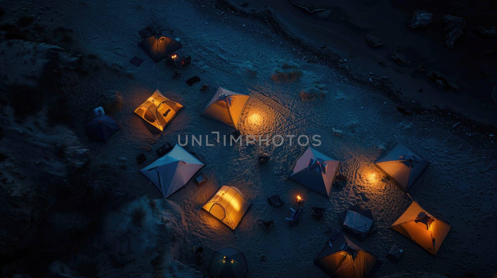 A captivating aerial view of a beach at night with a string of lanterns illuminating the waters edge, creating a magical atmosphere under the cover of darkness AIG50