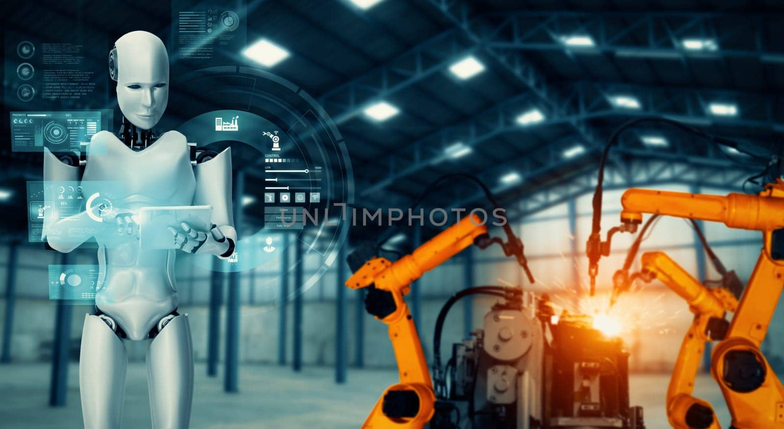 MLP Mechanized industry robot and robotic arms for assembly in factory production. Concept of artificial intelligence for industrial revolution and automation manufacturing process.