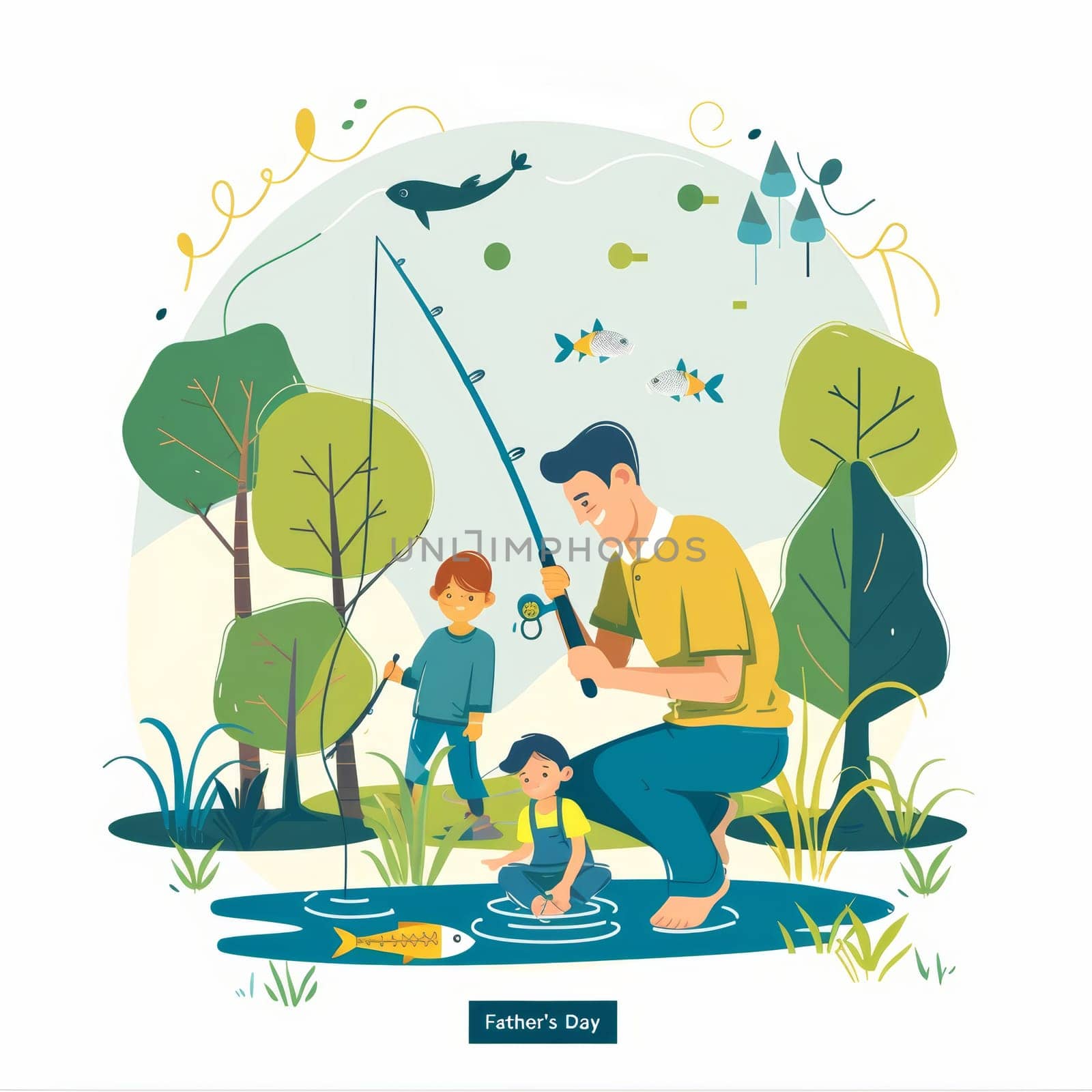 A cheerful father and his children are depicted fishing together amidst a vibrant, illustrated landscape, celebrating Fathers Day with joy