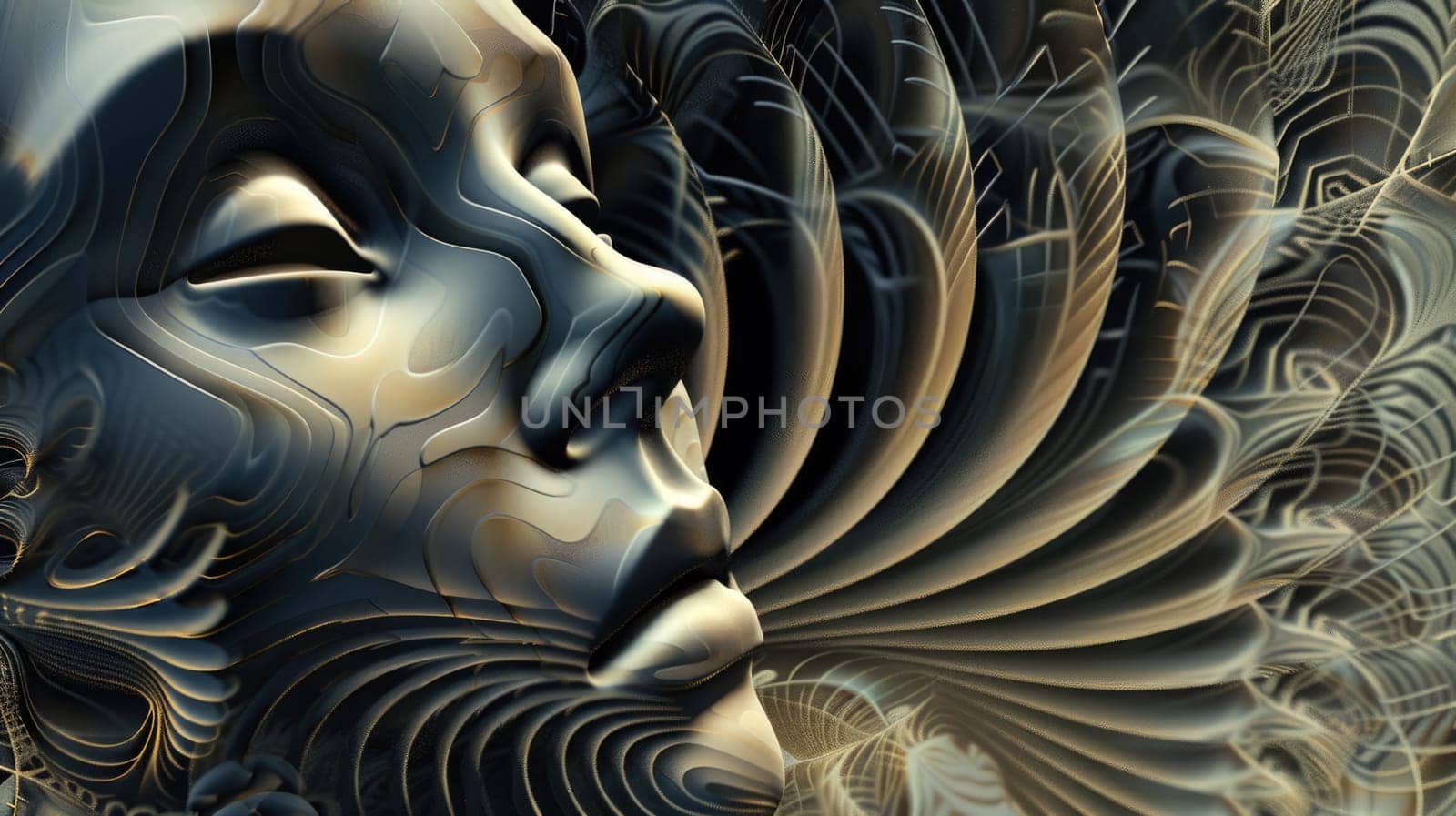 A beautiful woman's face is formed from flowing, organic lines and shapes. AIG51A.