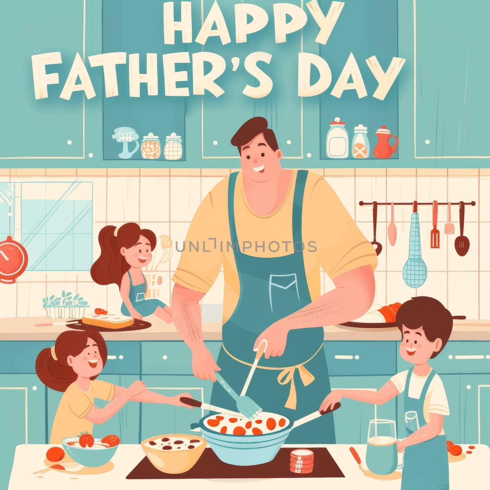 Animated illustration of a dad cooking with his kids in a kitchen, celebrating Fathers Day with a home-cooked meal and smiles