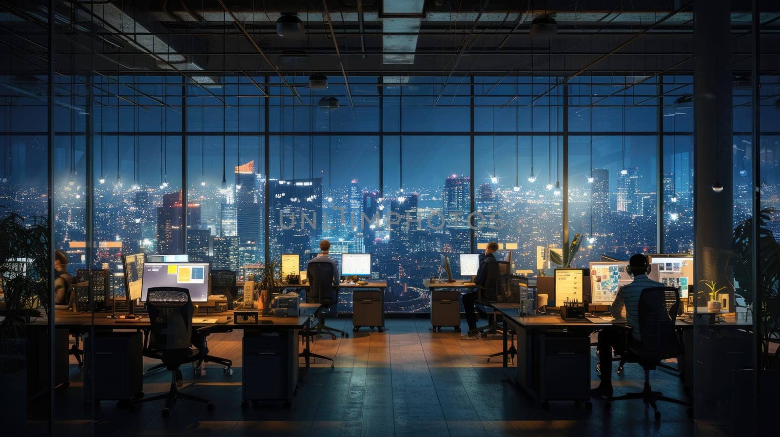 A gathering of individuals occupies office desks in a building during nighttime. The room features water fixtures, tables, and glass elements. AIG41