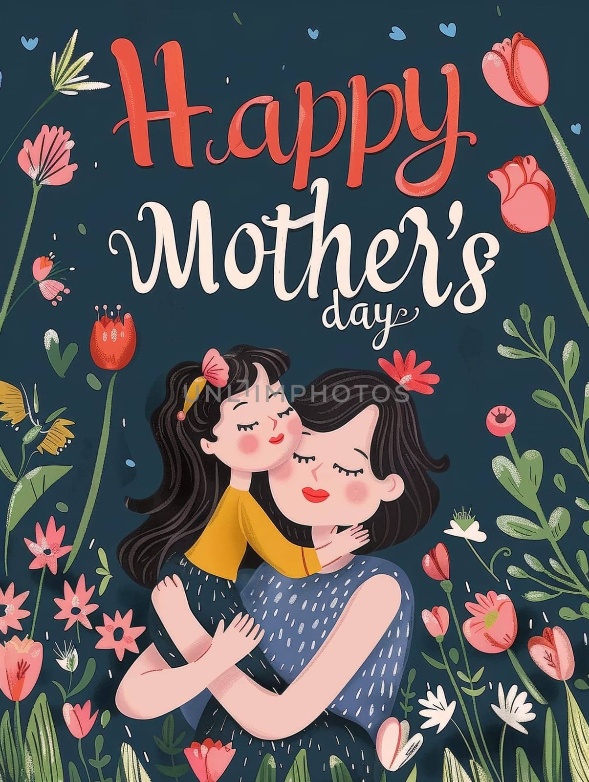 Illustration of a mother carrying her child with a backdrop of vibrant flowers, perfect for Mothers Day greetings