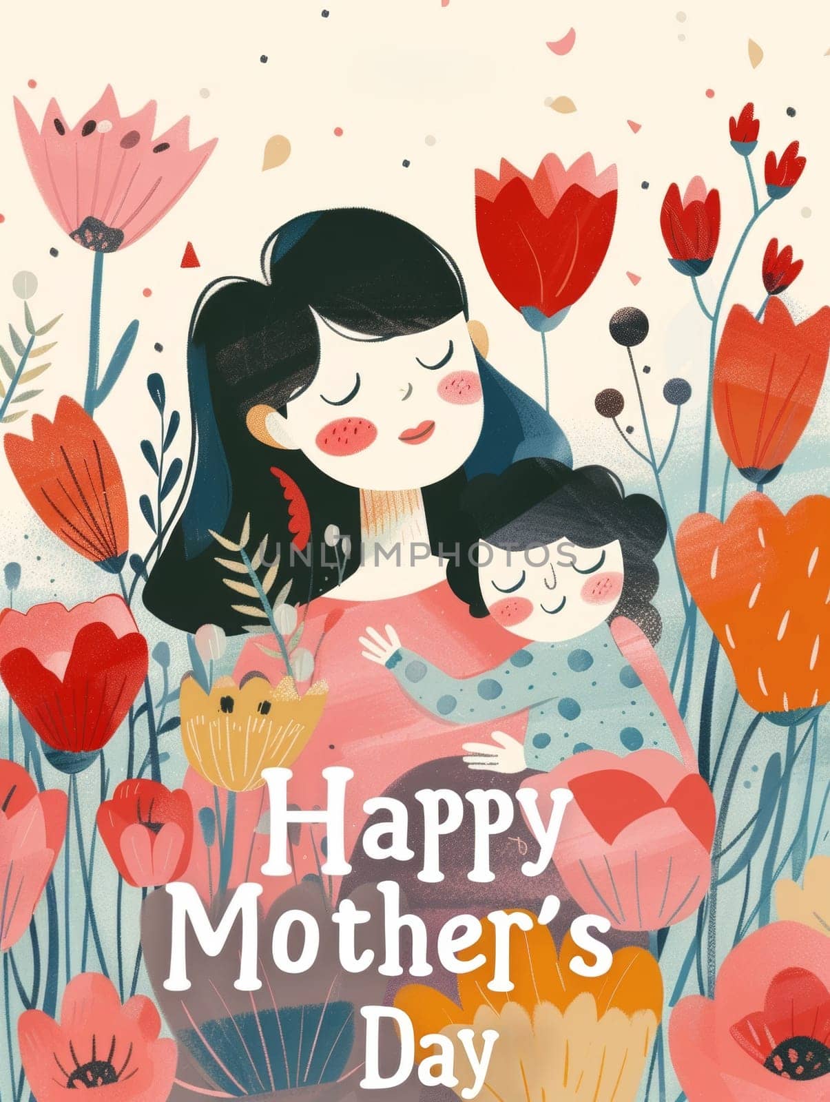 This illustration captures a serene moment between a mother and child amidst a vibrant backdrop of flowers, celebrating Mothers Day. by sfinks