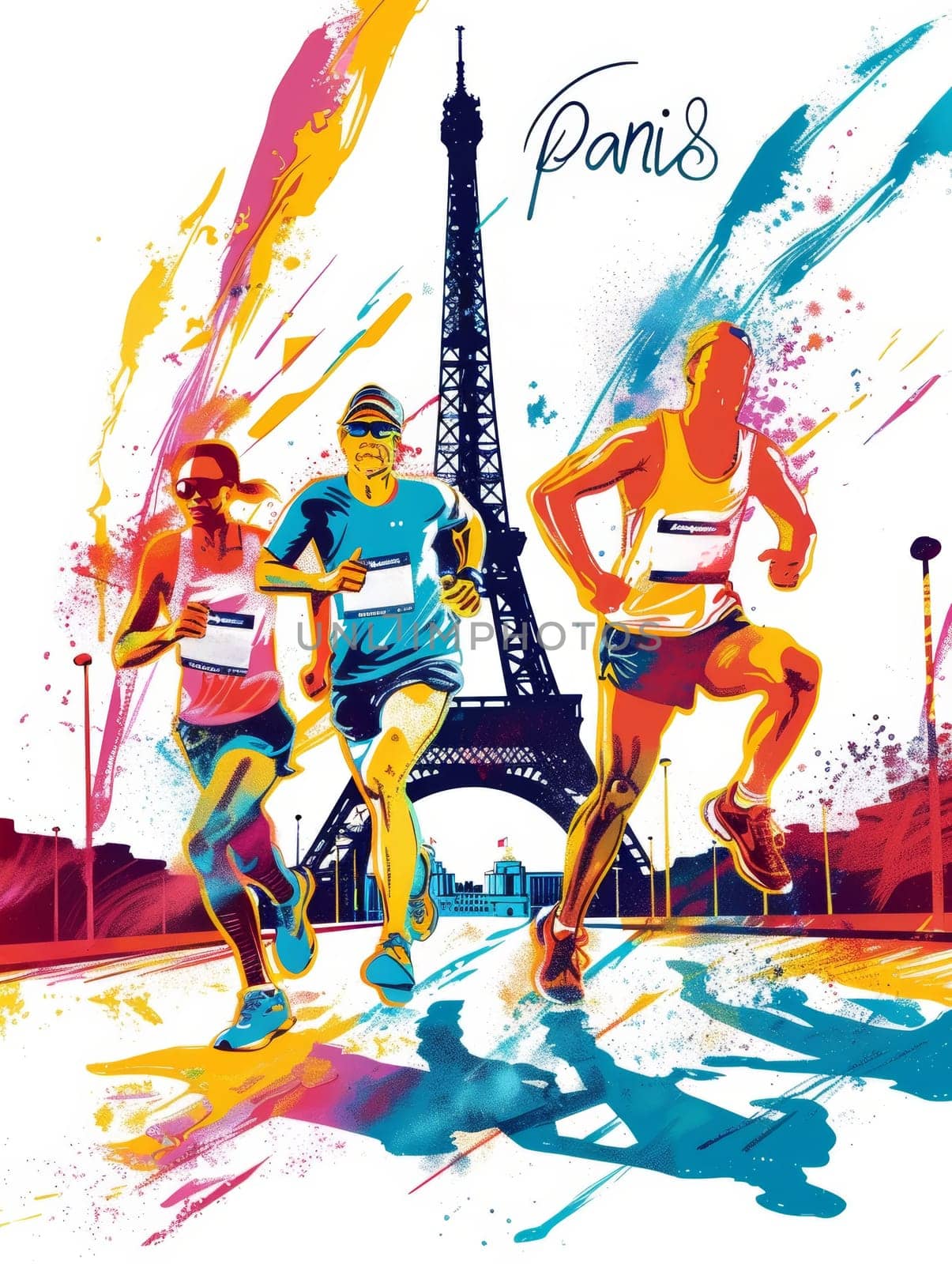 Vibrant illustration of marathon runners with the iconic Eiffel Tower in the background, showcasing the energy of a Parisian race