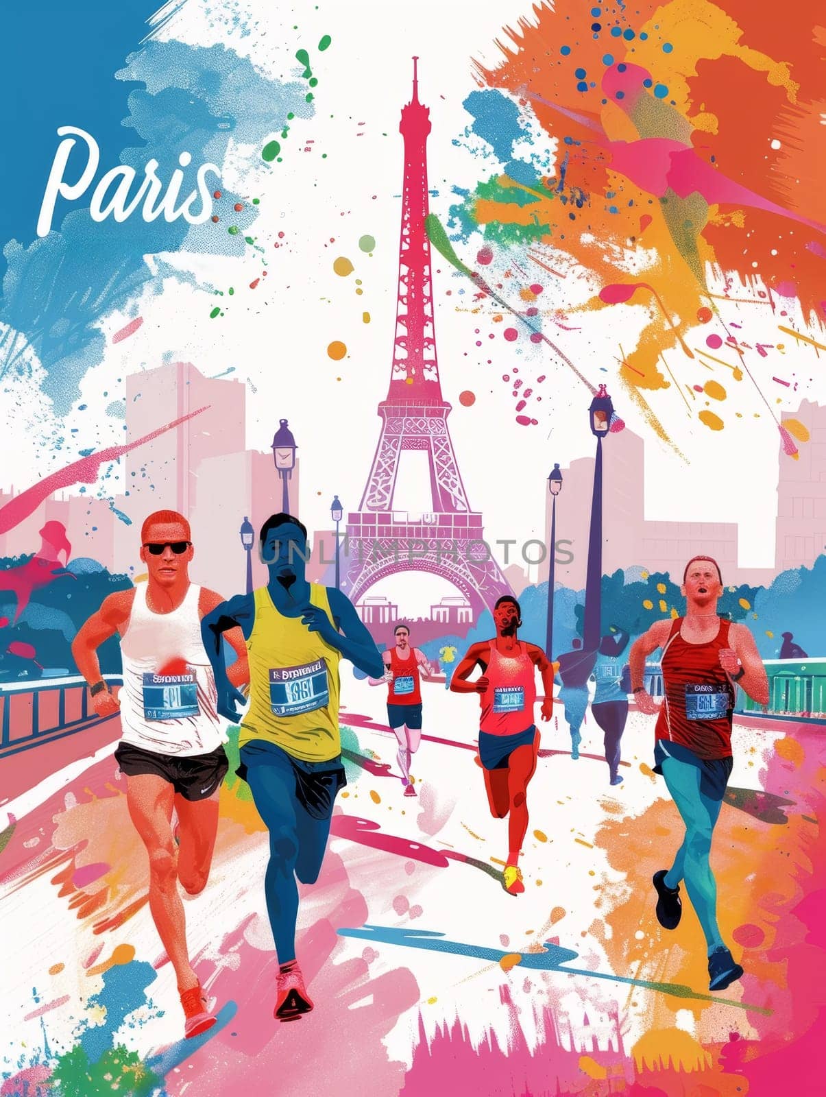 Artistic depiction of marathon runners in motion against a splash of colors with the Eiffel Tower setting the scene