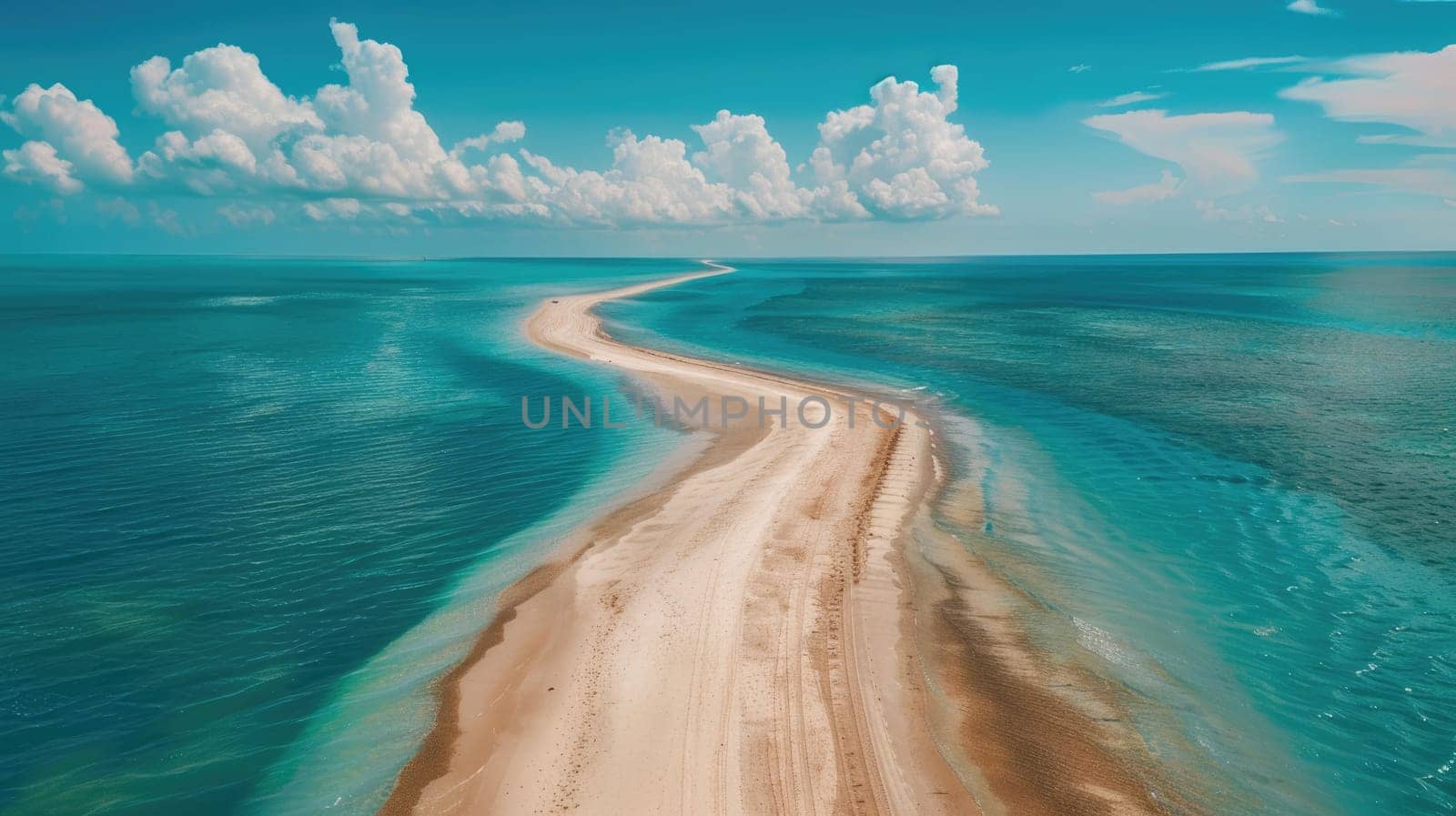 A breathtaking aerial view of a sandy island surrounded by crystal clear Caribbean water. The natural landscape includes a beautiful beach and fluid wind waves AIG50