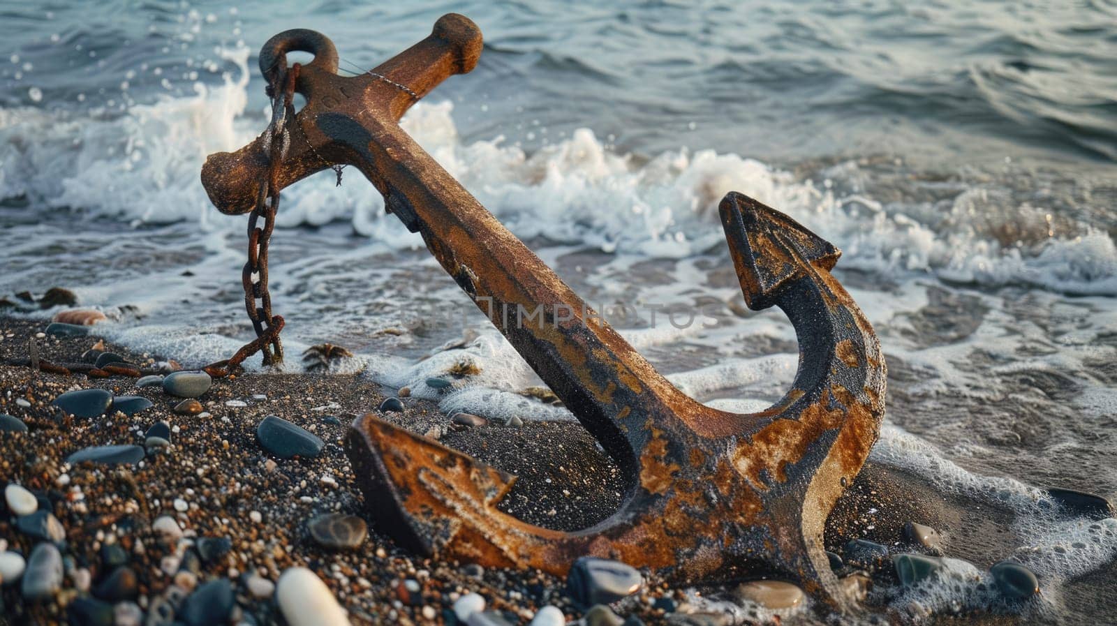 A weathered anchor rests on the sandy beach, surrounded by the gentle lapping of water. Nearby, a vibrant plant adds a touch of life to the serene scene AIG50