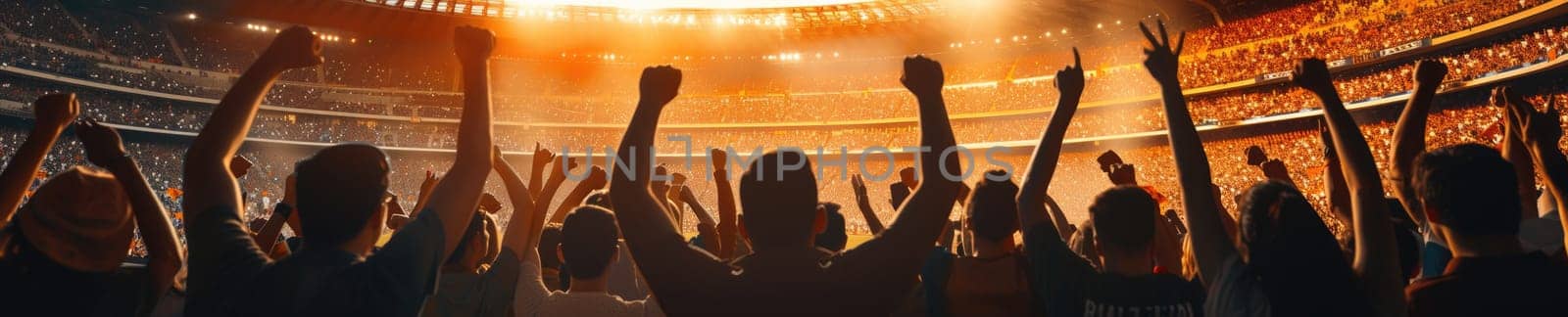 A joyous crowd of fans stands in a stadium, raising their arms in the air, under the morning sky filled with clouds, amidst the lush green grass, rejoicing in nature's embrace! AIG41