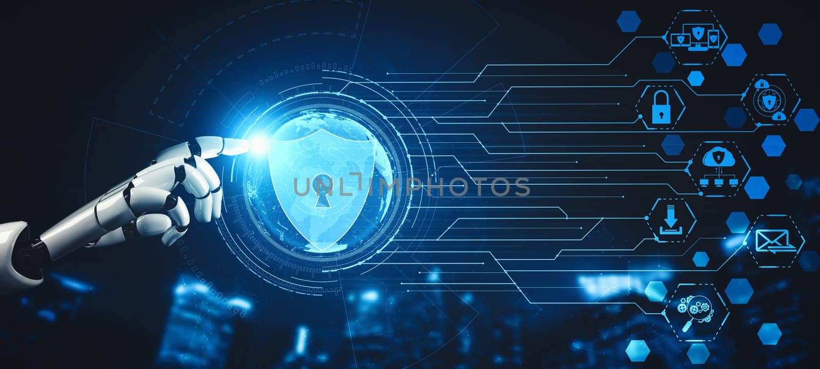MLP 3D rendering artificial intelligence AI research of droid robot and cyborg development for future of people living. Digital data mining and machine learning technology design for computer brain.