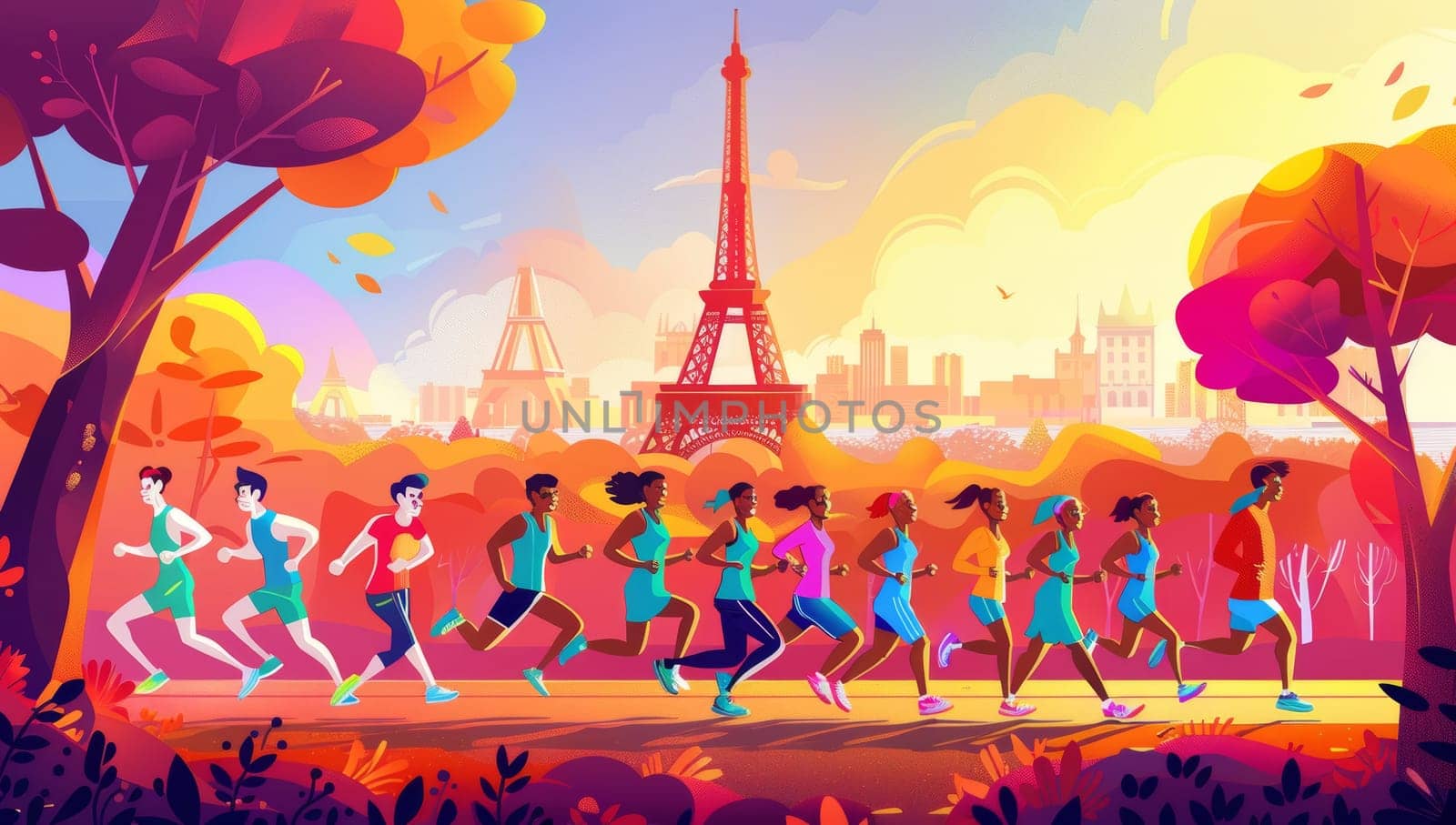 Colorful illustration of athletes running a marathon with the Paris skyline and Eiffel Tower in the background during autumn