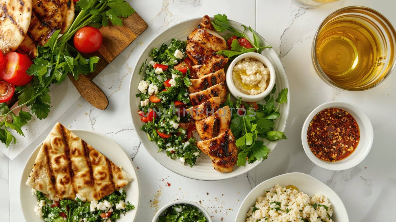 The table is filled with a variety of foods, from staple ingredients to leaf vegetables. Dishes from various cuisines are served on plates alongside fresh produce and tableware AIG50