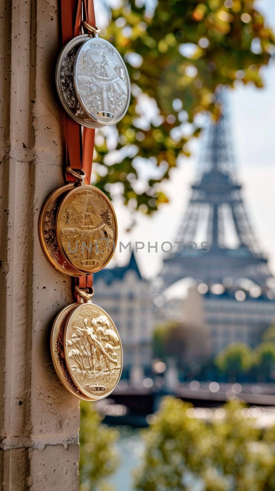 Three commemorative medallions hang on a leather strap against a blurred Eiffel Tower and leafy branches backdrop in Paris. by sfinks