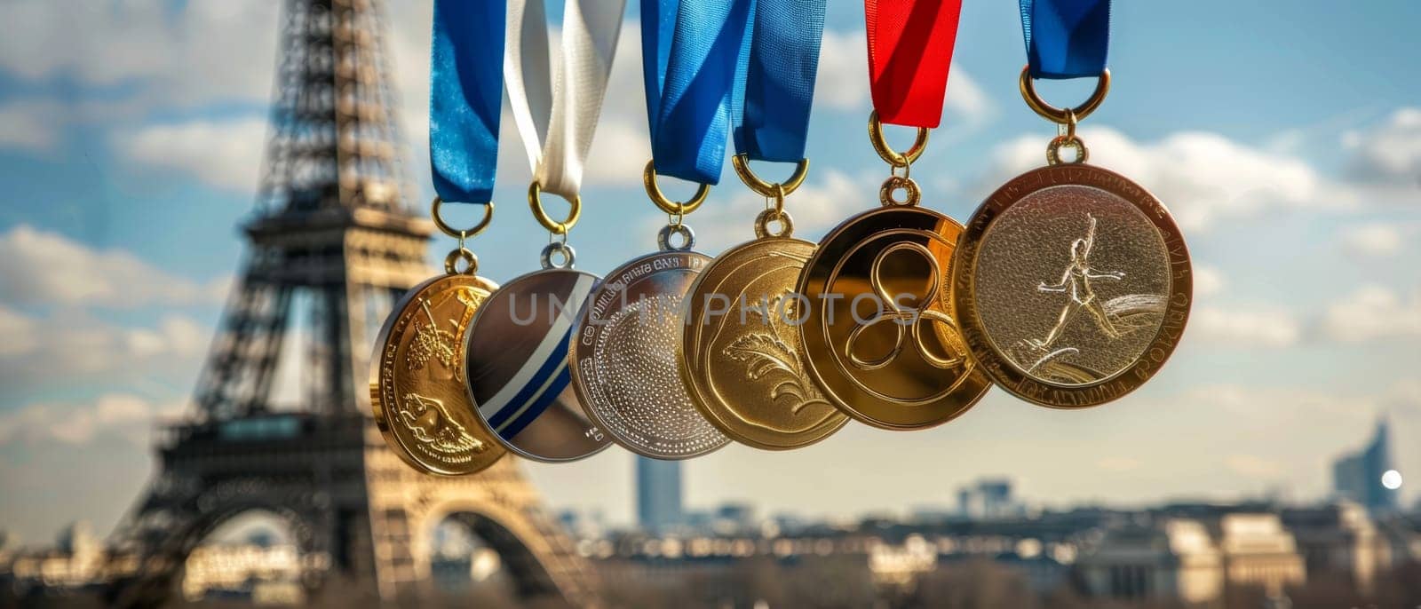 A vibrant array of medals with ribbons in the colors of the French flag are displayed in front of a softly focused Eiffel Tower. by sfinks