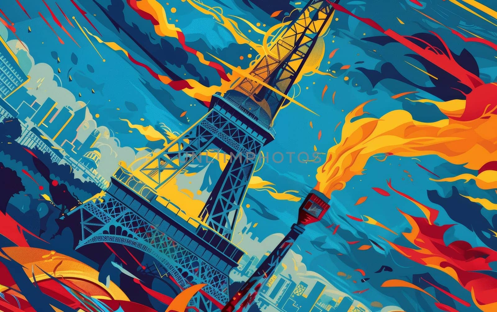 A vibrant, abstract representation of the Eiffel Tower surrounded by dynamic swirls and flames, rendered in a bold, graphic style