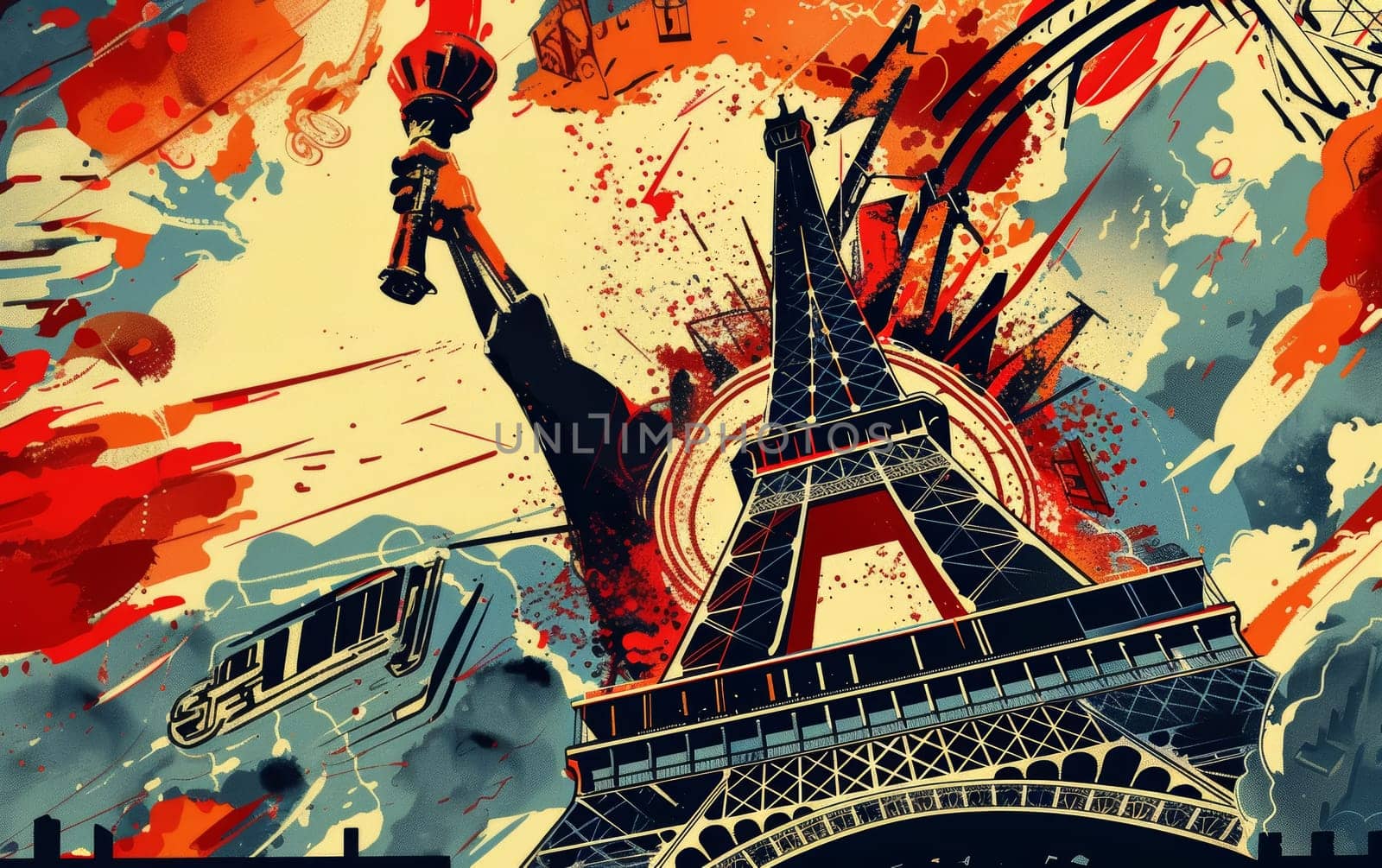 Artistic depiction of the Eiffel Tower with explosive red and blue abstract elements, giving a modern twist to the iconic structure