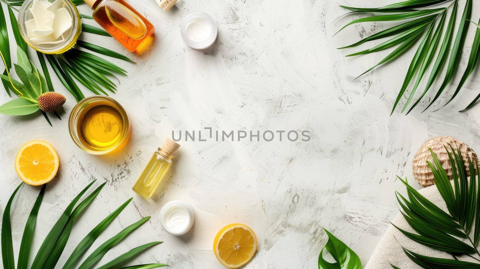 A variety of citrus fruits and green leaves are arranged on a yellow background, complemented by wooden tableware and serveware for a refreshing drink AIG50
