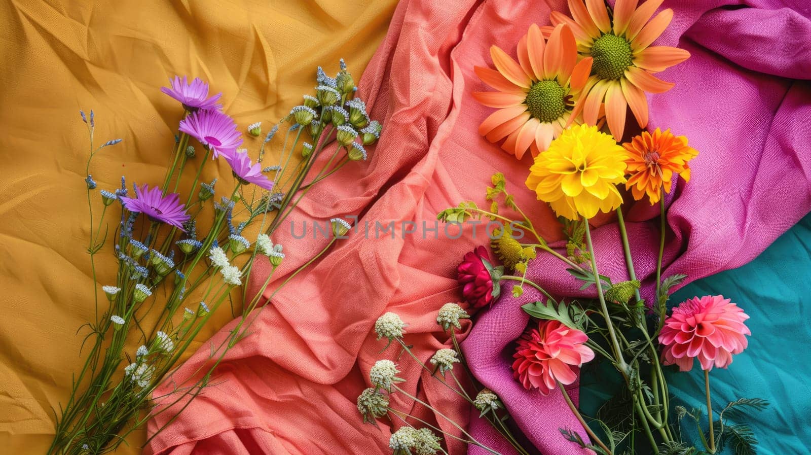 A variety of fabrics and flowers, including electric blue petals and roses, are arranged on a table alongside fictional characters and fractal art AIG50