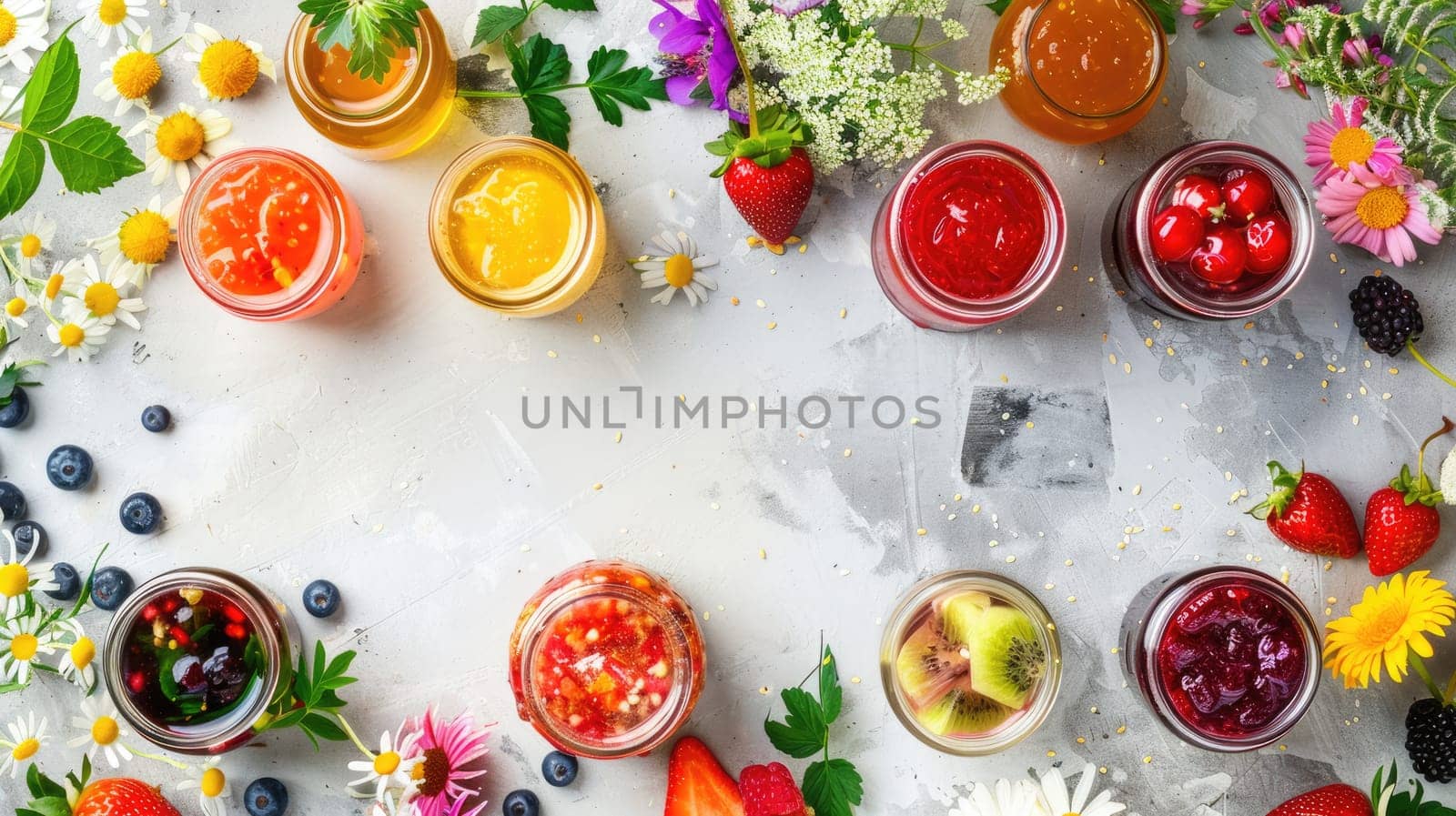 The table is adorned with a variety of colorful fruits and flowers, creating an artistic display of vibrant shades and sweet aromas AIG50