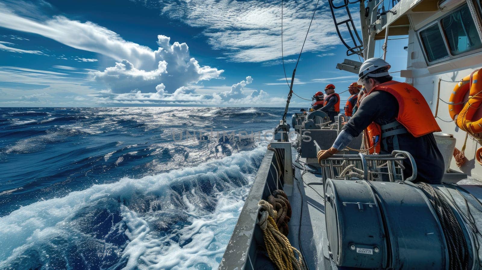 A rugged fishing boat cuts through turbulent ocean waves under a dramatic overcast sky, showcasing the resilience of maritime workers. AIG41