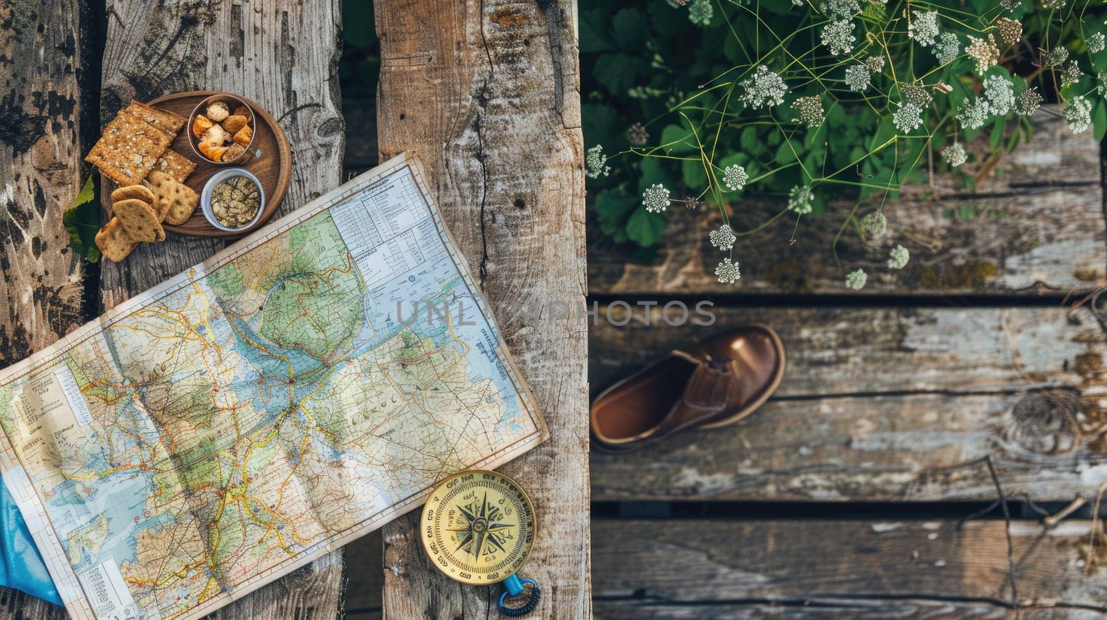A wooden table is set with a delicious spread of food and a map, creating the perfect setting for planning a culinary road trip adventure AIG50