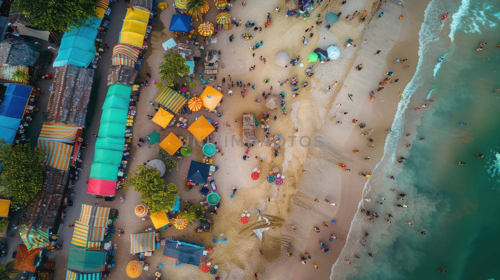 A birdseye view of a beach with colorful umbrellas and tents, surrounded by water and an urban design landscape. Perfect spot for leisure and recreation in the city AIG50