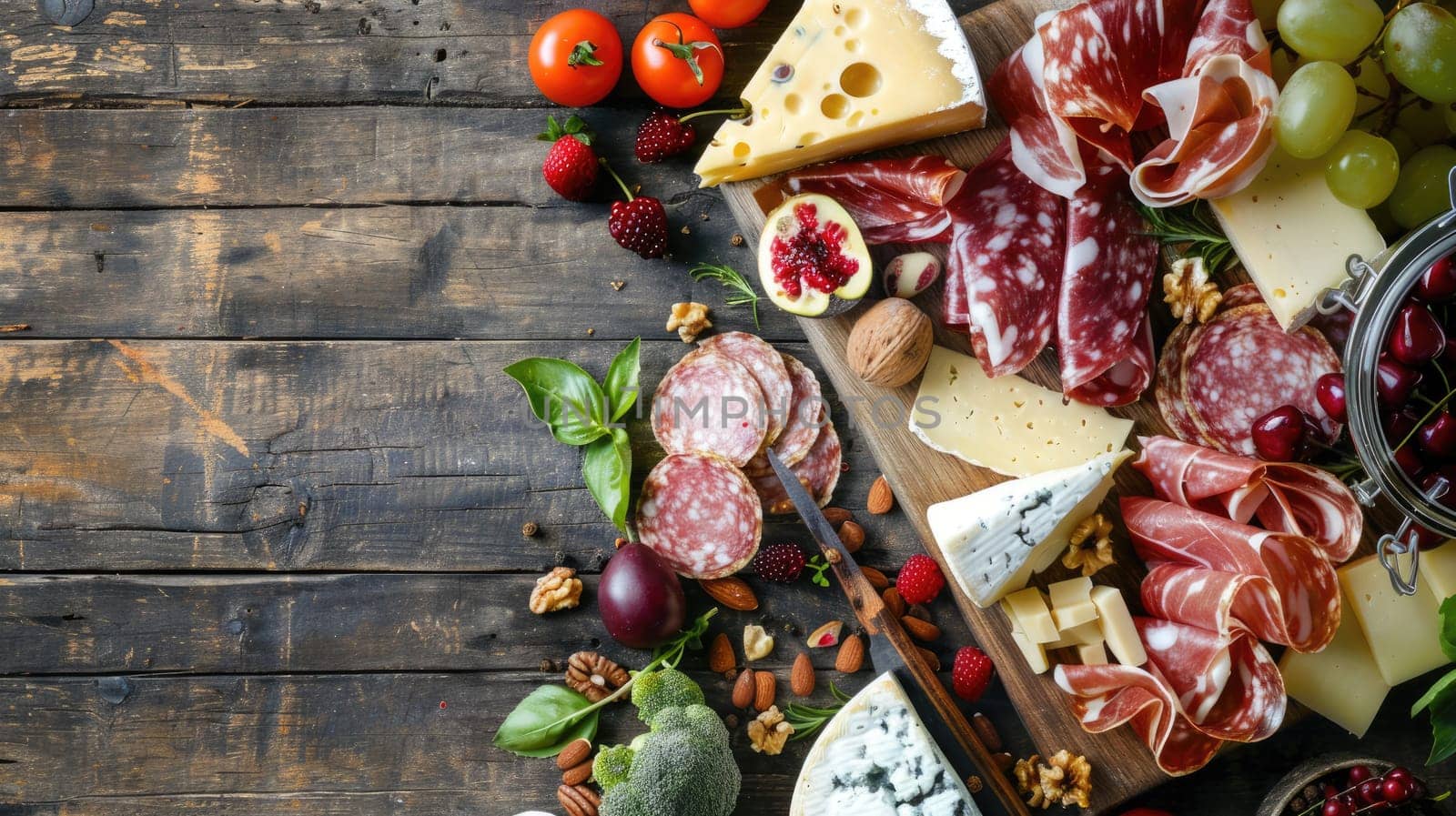 A wooden cutting board displaying an assortment of natural foods like leaf vegetables, vegetables, and ingredients, set on a wooden table for a cuisine event AIG50