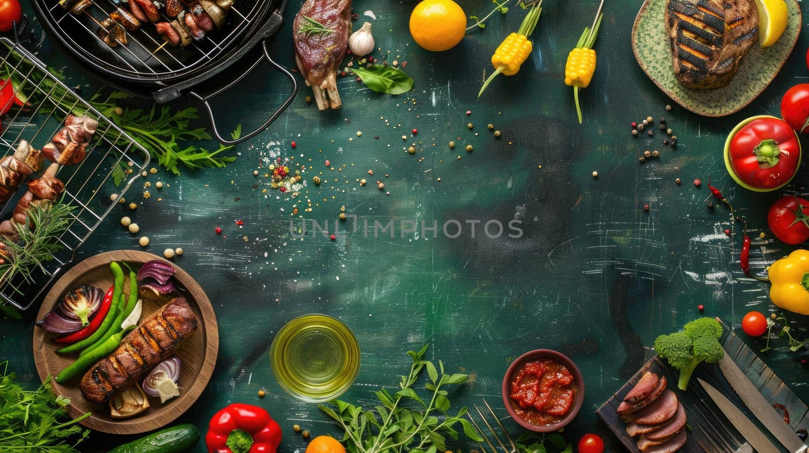 A table set with natural foods, a bottle of wine, and plates of cuisine on a grassy roof overlooking a beautiful natural landscape for an outdoor event AIG50