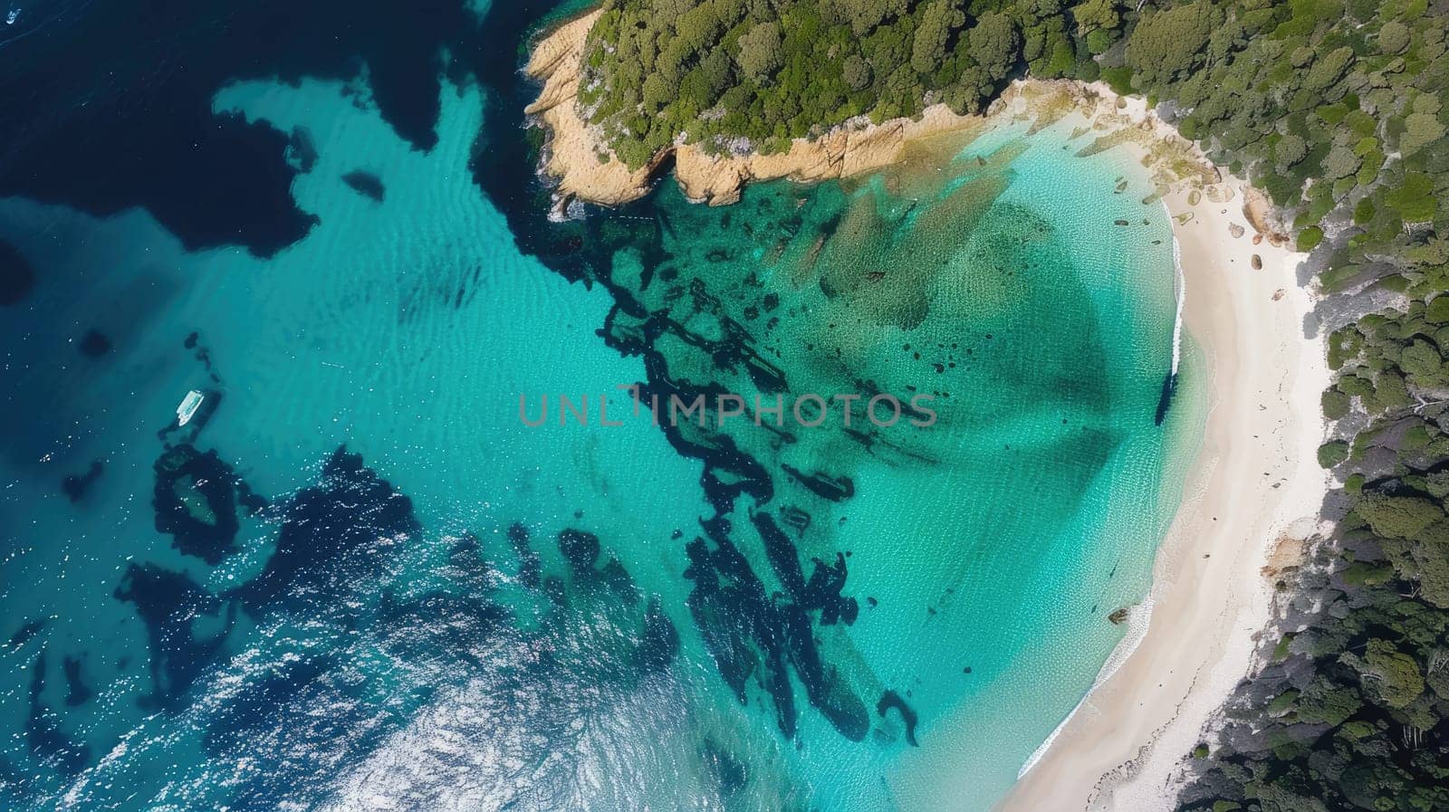 An aerial view of a coastal beach with rocks, surrounded by electric blue water. Natural landscape with oceanic and fluvial landforms, including reefs and lakes AIG50