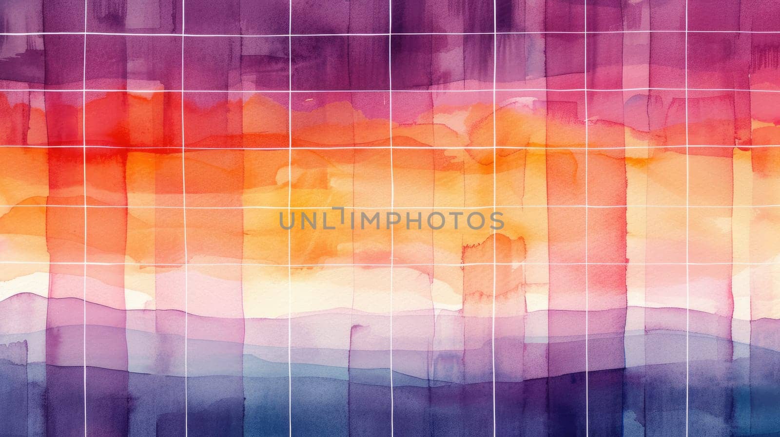 Colorful watercolor with gradient of sunset painting with white squares. A colorful abstract painting with vibrant shades of purple and orange. Image of brushstrokes in the orange and purple. AIG42.