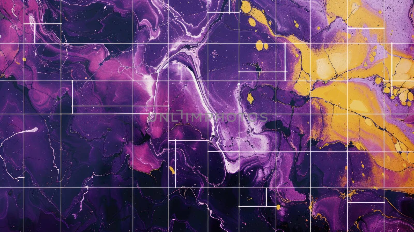 Close up of tiles of marble was painted by abstract color with purple, yellow and white mixed background. Painting was painted with elegance colorful splashing ink brush at light marble tiles. AIG42.