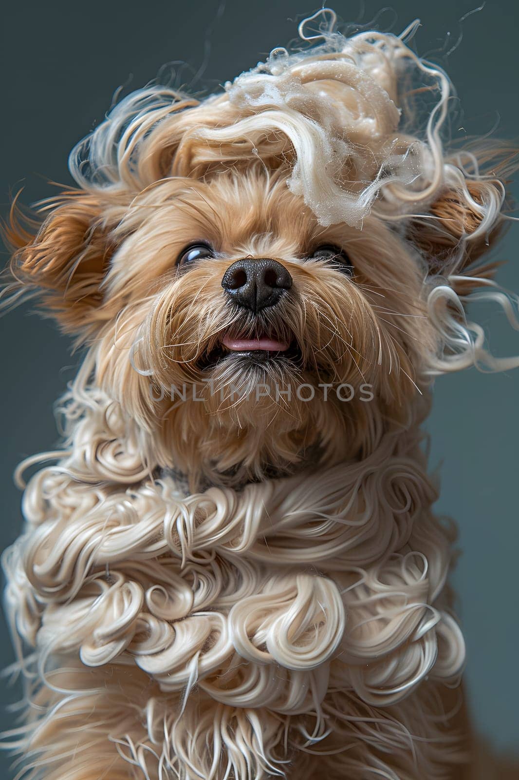 Close up of a Terrier dog wearing a wig on its snout by Nadtochiy