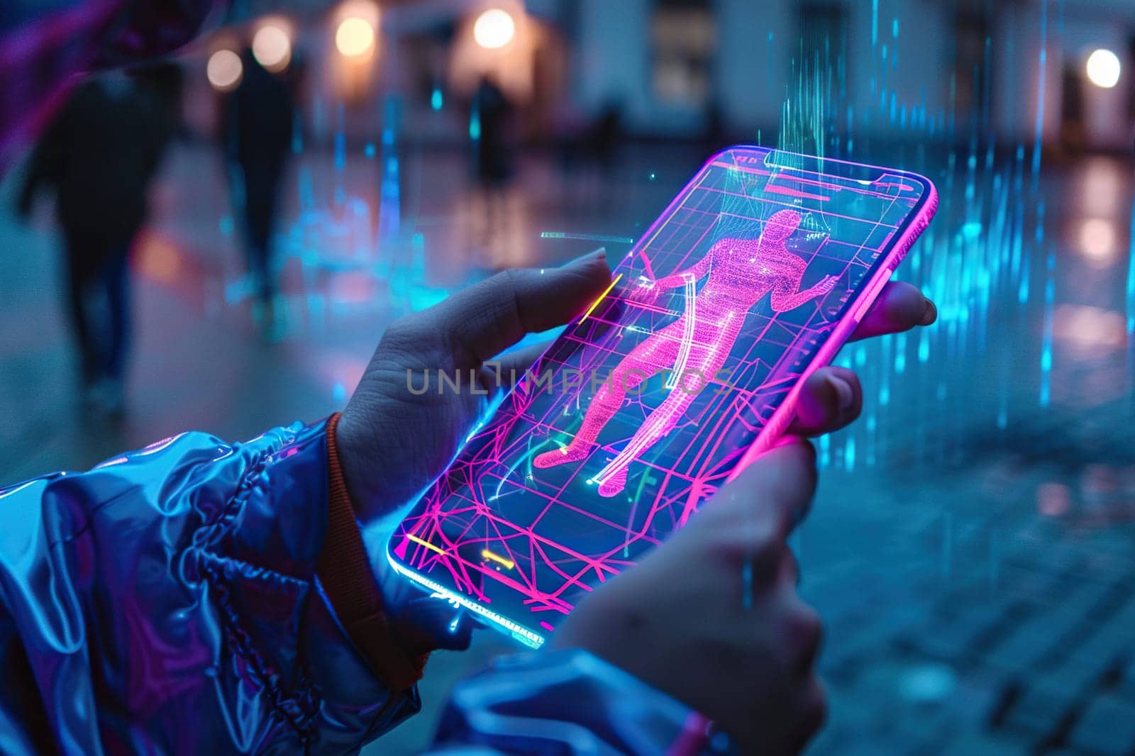Image of a modern smartphone in hands with an application for tracking human activity in neon and ultraviolet colors. Generated by artificial intelligence by Vovmar