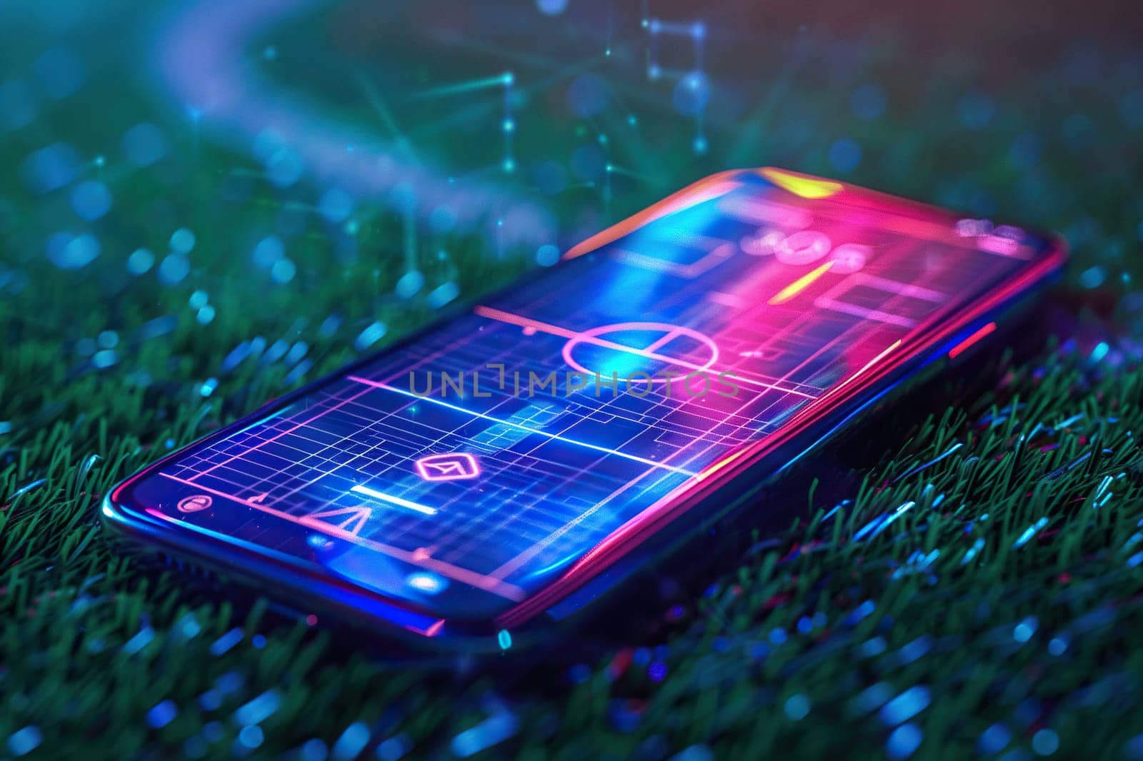 A modern smartphone with an open sports application on the screen lies on the grass in neon light.