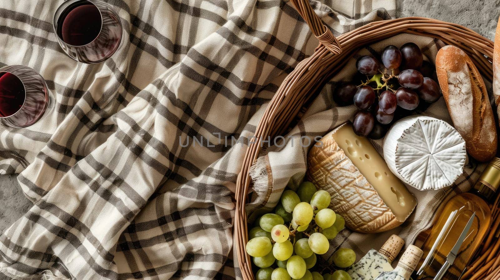 A picnic featuring a bottle of wine, grapes, cheese, bread, and a glass of wine, all laid out on a tartan blanket. The natural foods complement the plantbased recipe perfectly AIG50