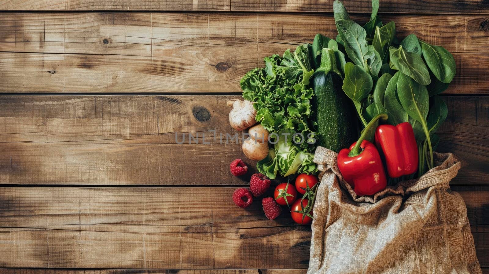 A bag of leaf vegetables, a natural food ingredient full of nutrients, is placed on a rectangular wooden table in preparation for a healthy recipe AIG50