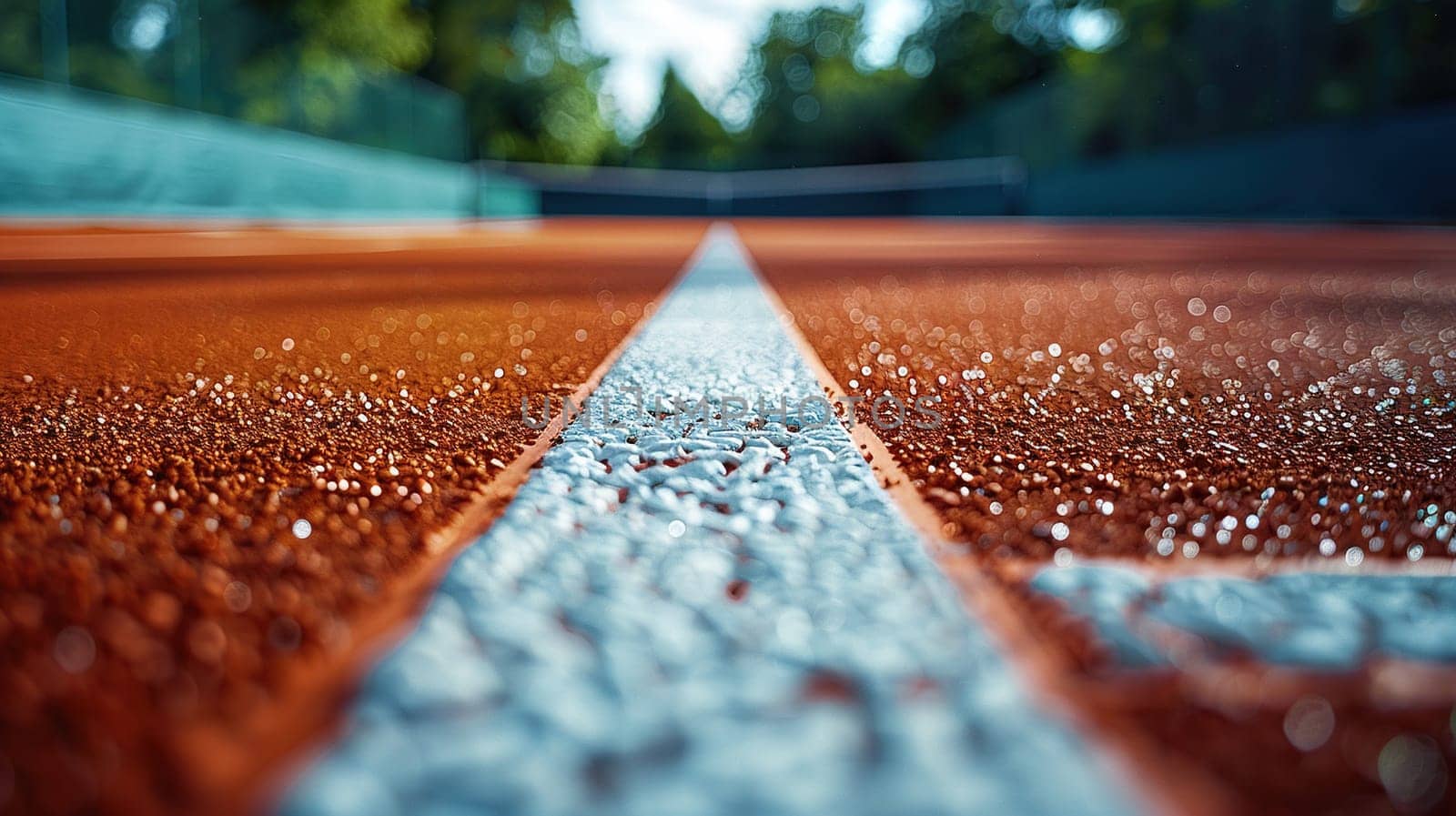 Close-up of red flooring on a tennis court or stadium. Ground level shot.