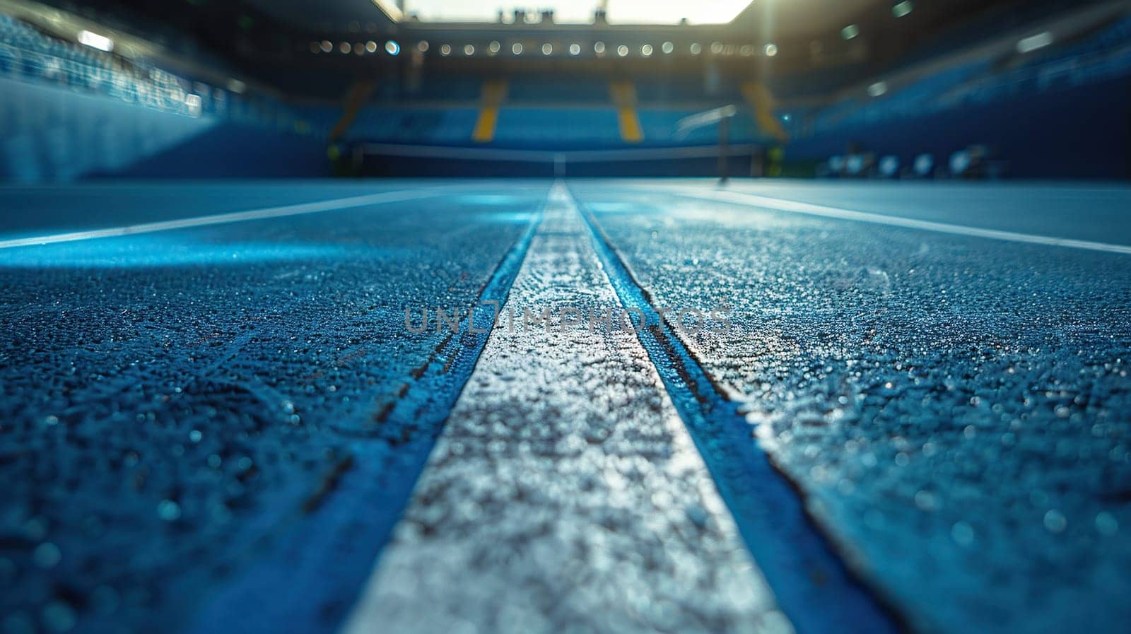 Close-up of a tennis court with blue turf. Ground level shot. Generated by artificial intelligence by Vovmar