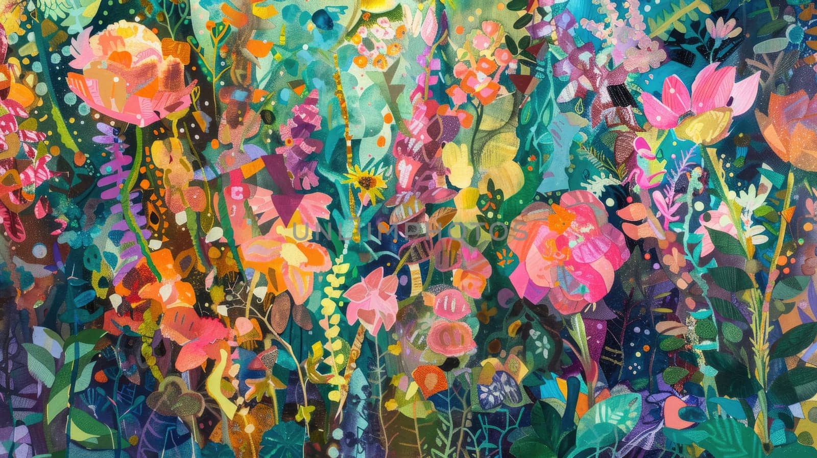A vibrant abstract painting with a rainbow of colors, including purple, magenta, and electric blue. The artwork depicts a natural landscape with grass and plants, creating a mesmerizing pattern AIG50