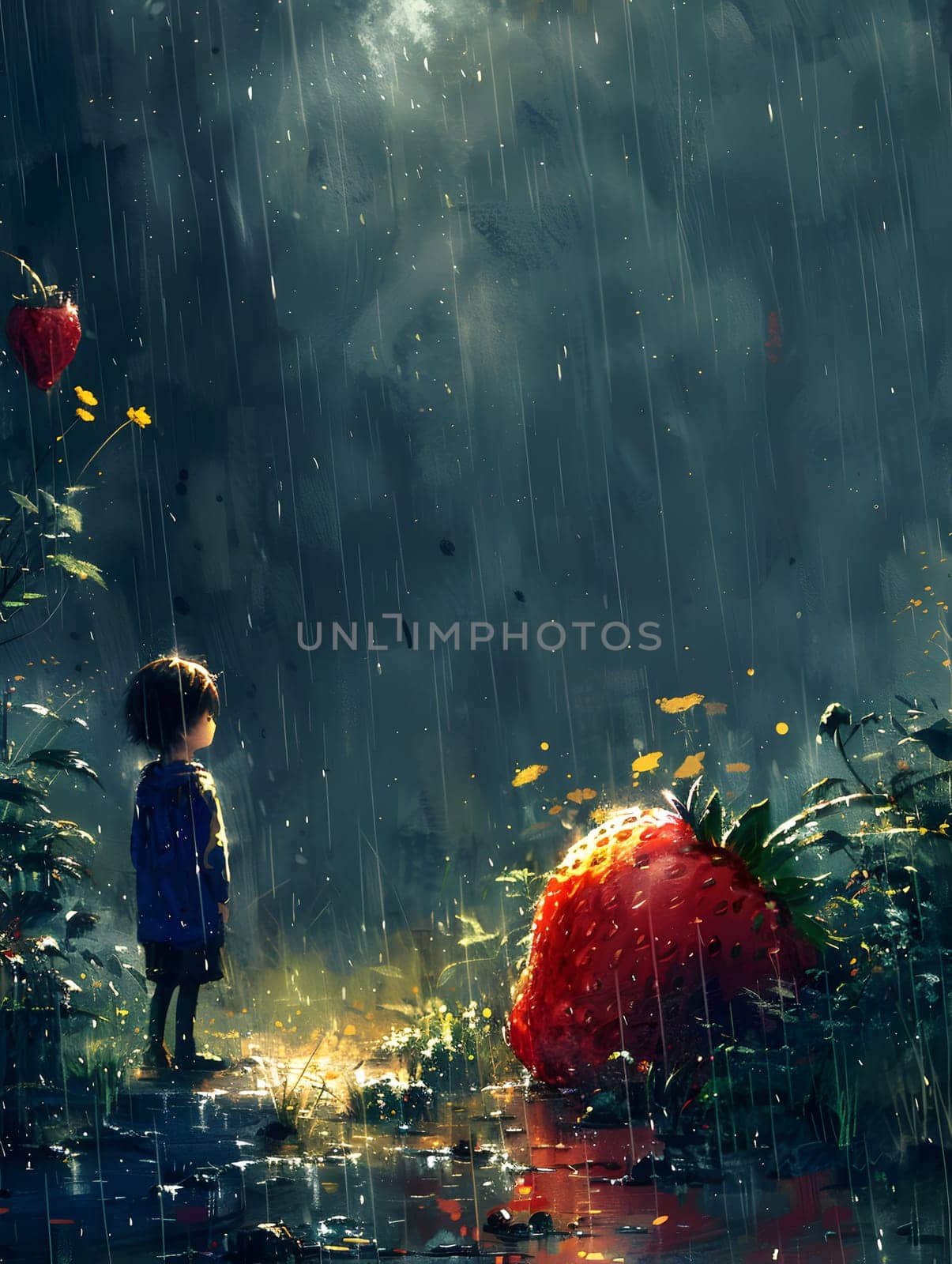 A young child stands in the rain beside a massive strawberry, blending art and nature in a whimsical scene in the natural landscape