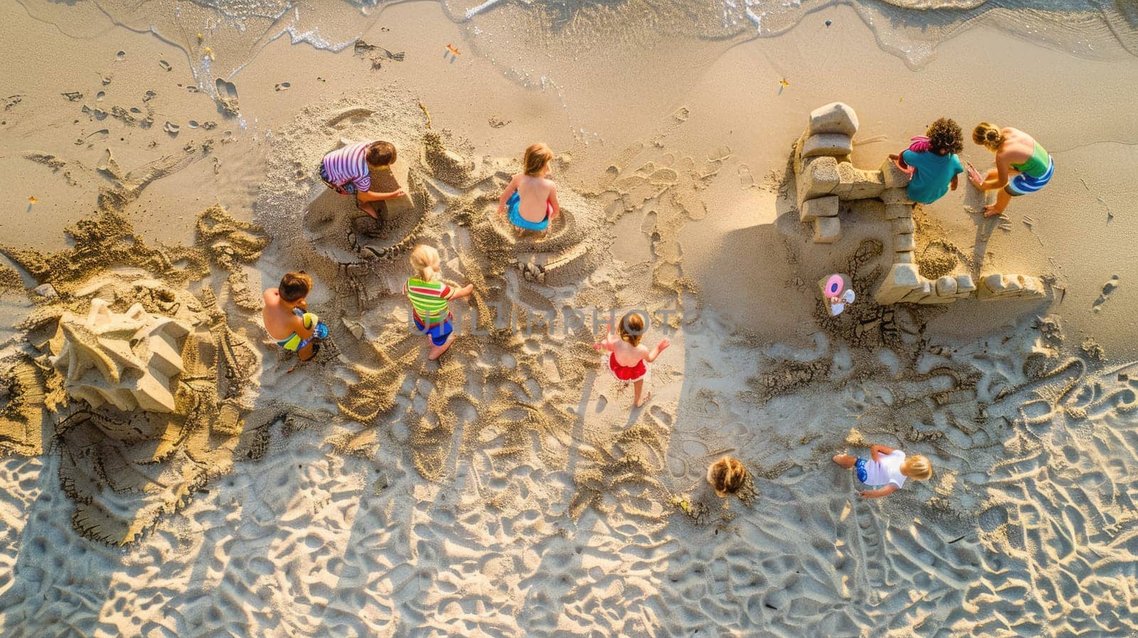 A group of children are leisurely playing in the sand on a beach, creating art and exploring the rock landscape. The beach offers a perfect setting for recreation and adventure AIG50