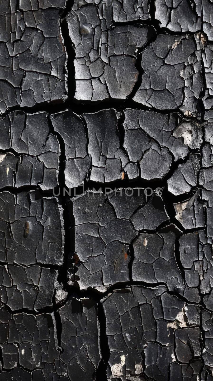 This image highlights a dark textured surface marred by a dense network of cracks. The rough texture emphasizes the stark reality of decay