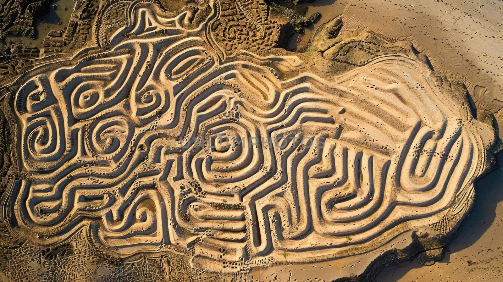 A mesmerizing sand labyrinth, created on a beach, with intricate patterns resembling a work of art. The aerial view captures the harmonious blend of natural materials and landscape AIG50