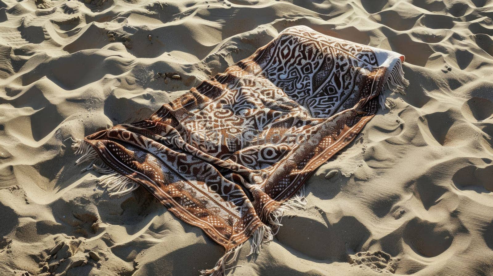 A rug with an electric blue pattern lies on the sandy beach, contrasting with the neutral landscape of sand and rocks. The motif creates a striking art piece amidst the geology of the wood flooring AIG50