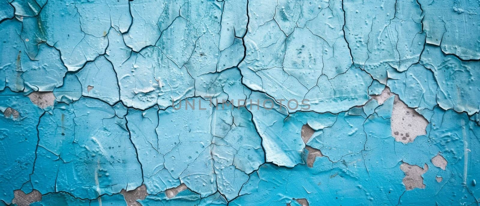 Cerulean paint cracks in an abstract pattern over concrete, suggesting a canvas of urban storytelling and decay