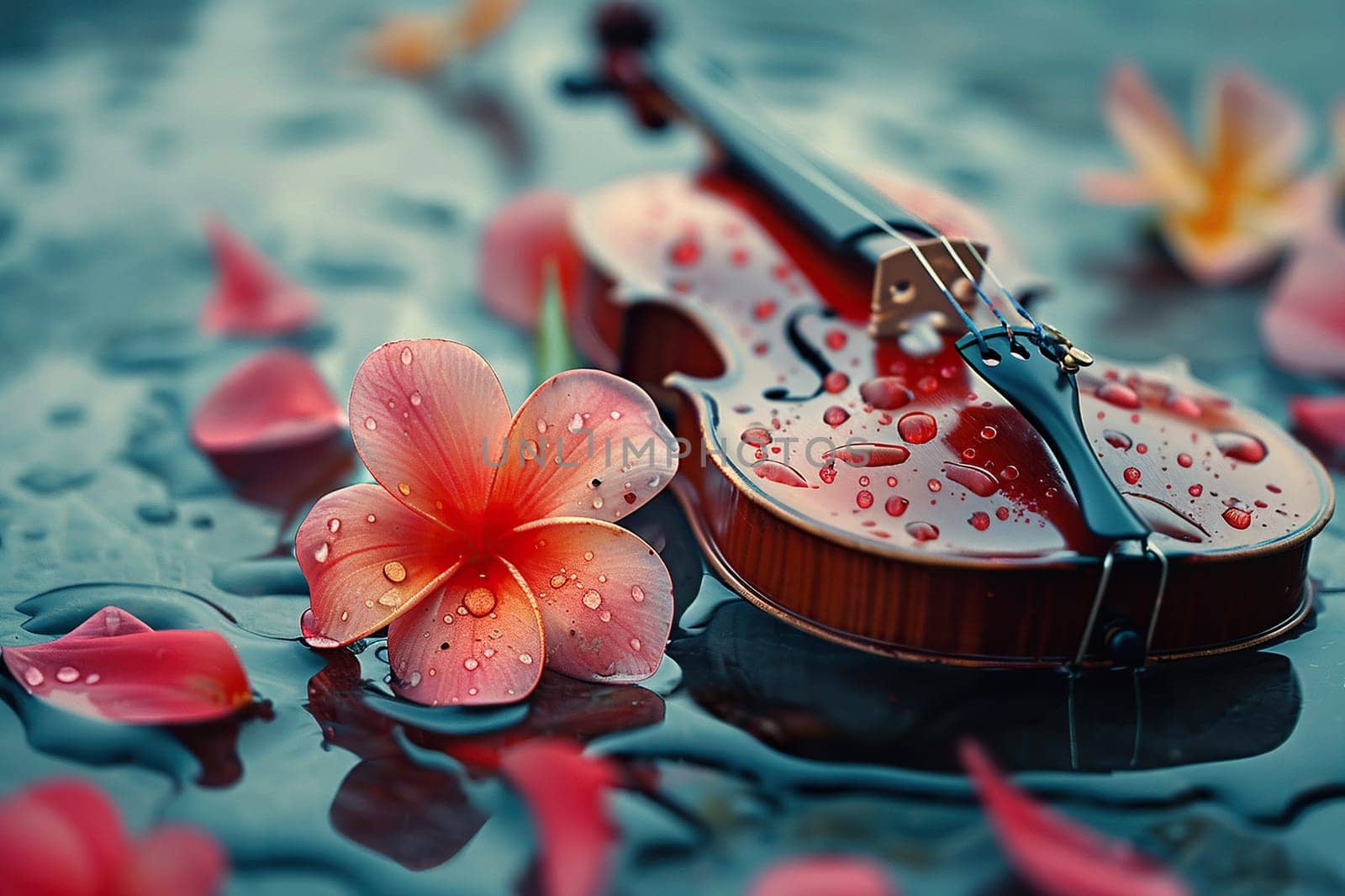 An image of a violin with drops of water and a beautiful flower nearby. Musical art beauty concept.