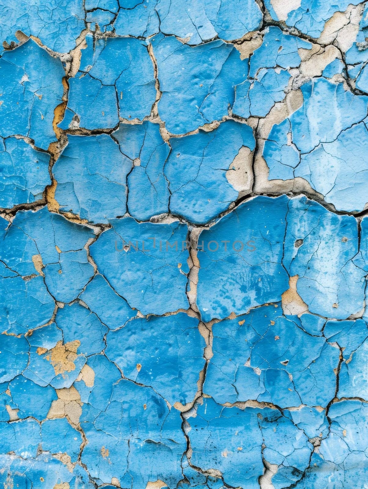 The blue backdrop is a web of abstract cracks, a striking visual of deterioration and the beauty found within it