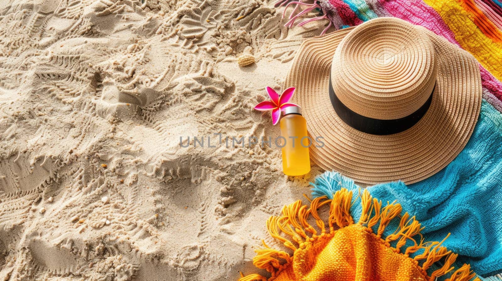 A wooden patterned hat lies next to a furry peachcolored towel on the beach, with a musical instrument tucked under the brim and a mask of a fictional character nearby AIG50