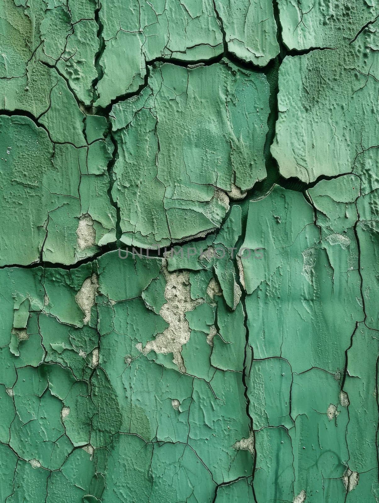 A detailed view of peeling green paint, where the intricate patterns of decay blend with splashes of white, creating a rich tapestry of time's effects